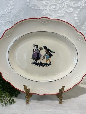 Homer Laughlin Cream Platter with Red Rim and Multicolor Courtship Scene
